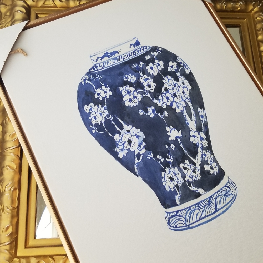 ❗Blue White Floral Chinese Style Vase Canvas Artwork with Gold Trim Frame❗